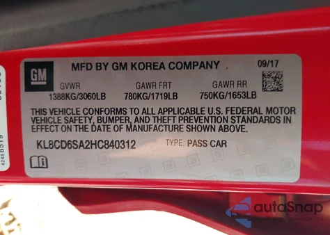 2017 Chevrolet Spark 1Lt Cvt из США, поврежденный, VIN KL8CD6SA2HC840312